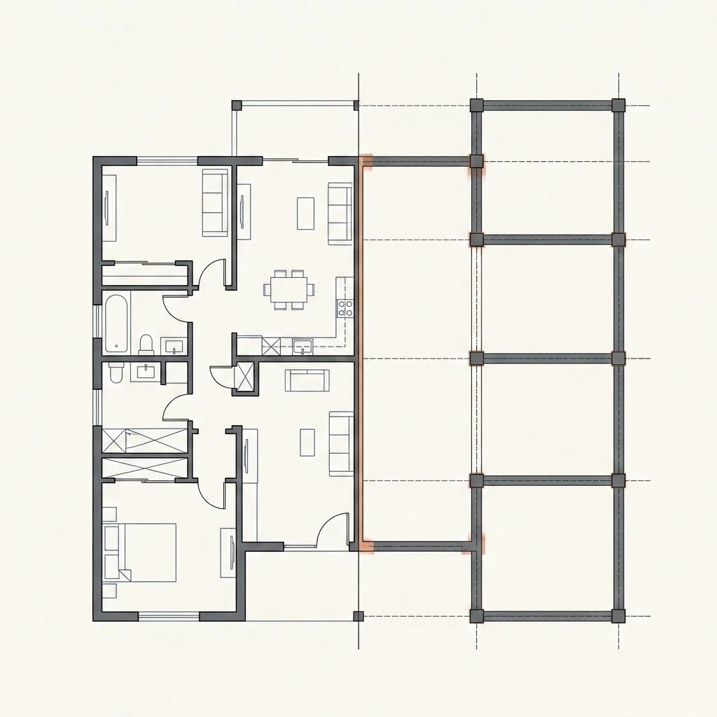 Architectural floor plan transformed into a structural layout with columns and beams